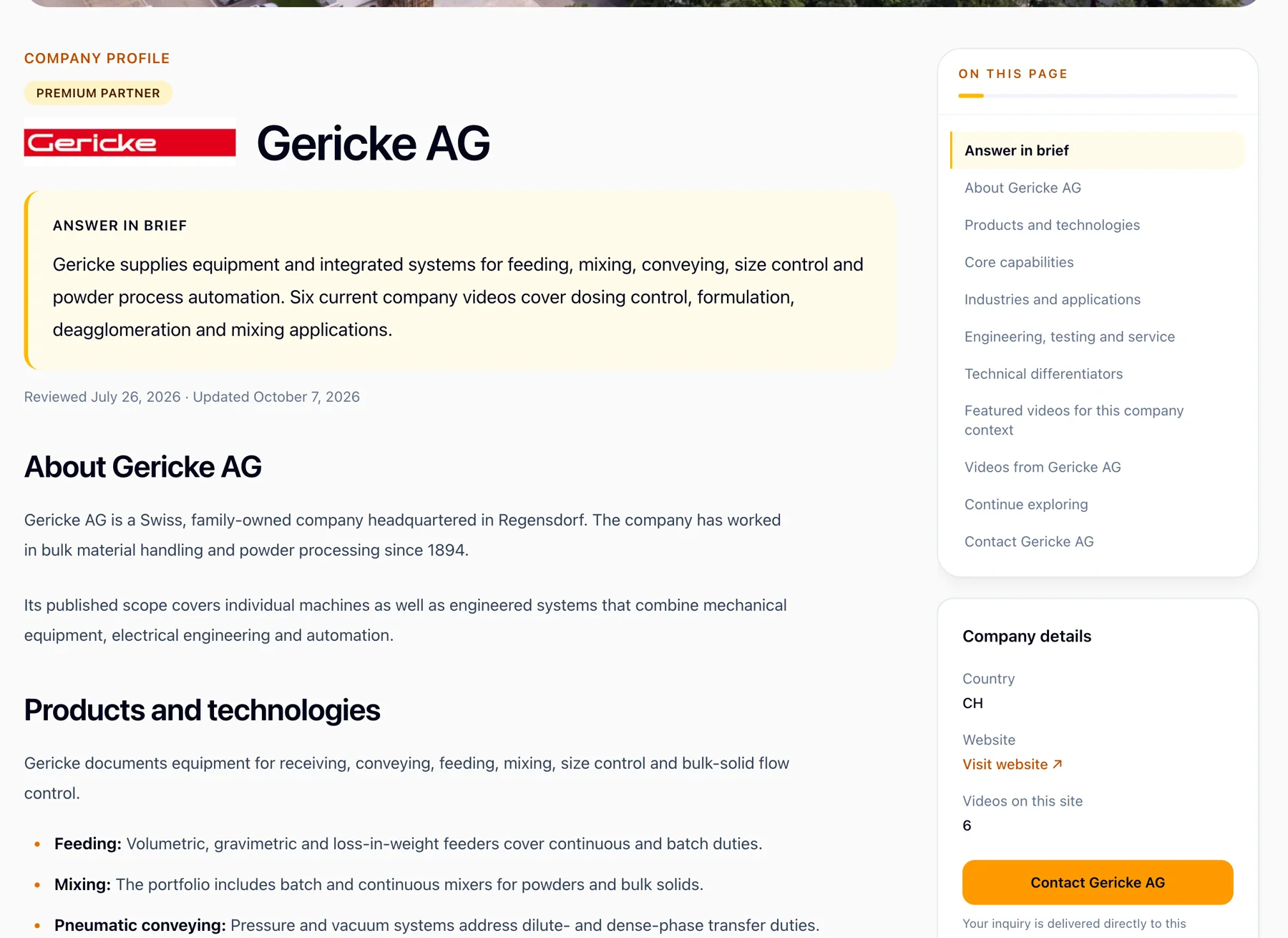 Company profile page on powderbulkvideos.com with the Premium Partner badge, company logo, answer in brief and the company details column