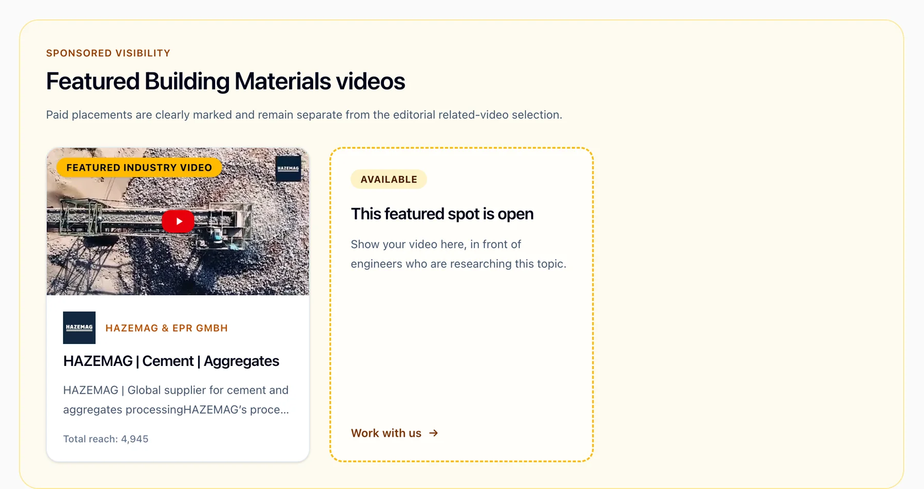 Featured video box on an industry page of powderbulkvideos.com, labelled sponsored visibility, with one booked video and one open slot