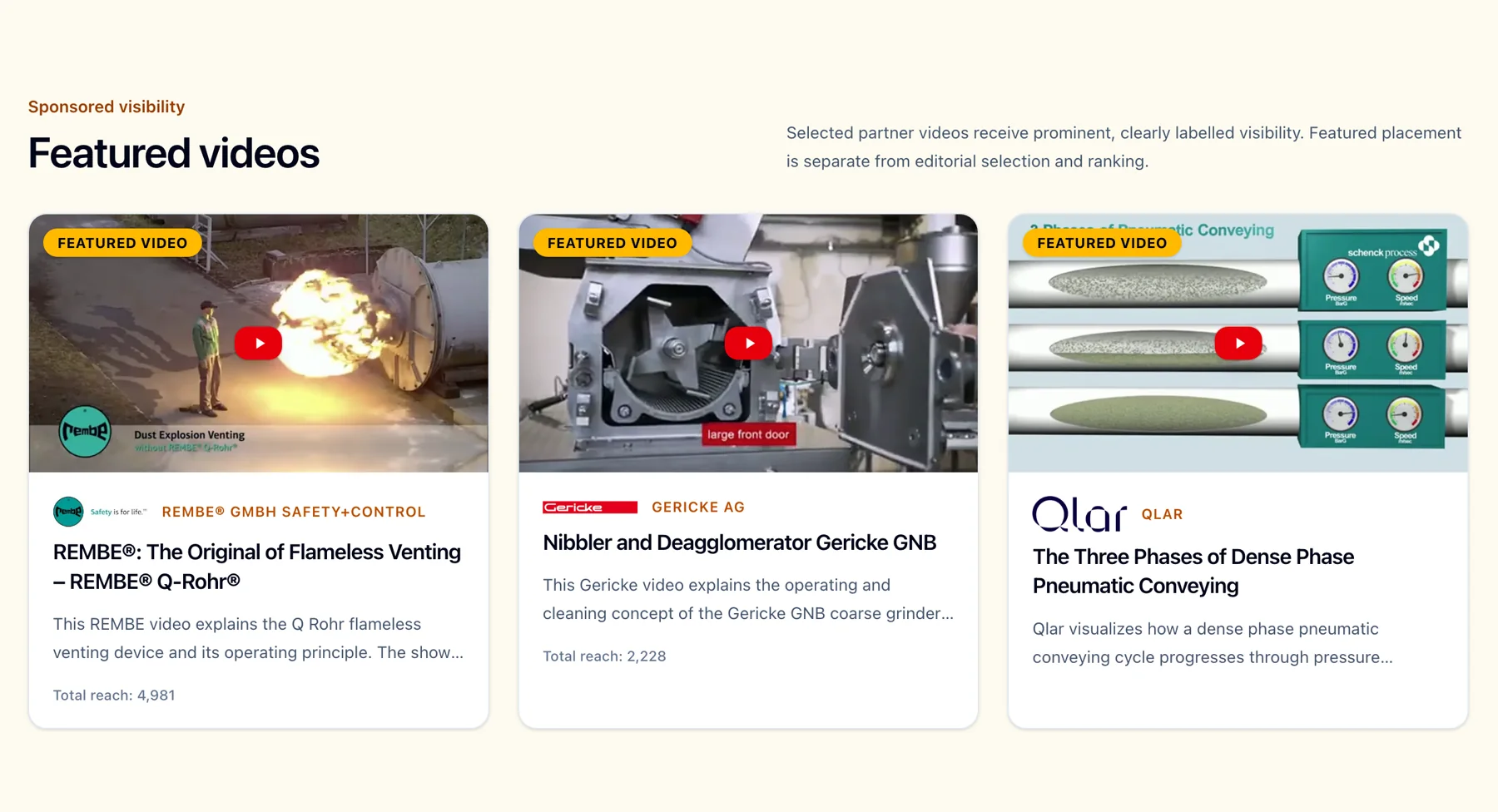 Featured videos section on the powderbulkvideos.com home page with three clearly labelled partner videos