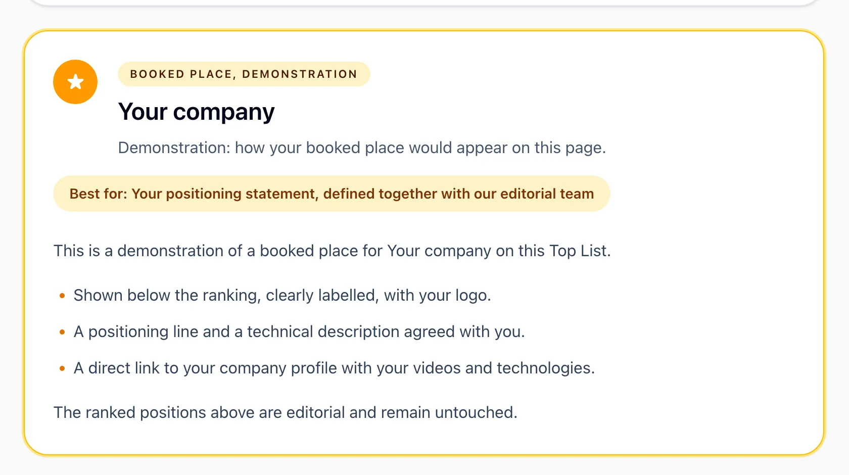 Demonstration of a booked place below the editorial ranking of a Top List, labelled booked place