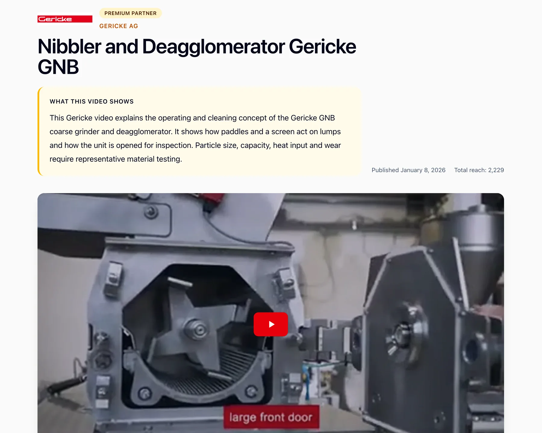 Video page on powderbulkvideos.com with the Premium Partner badge, the company name, a short technical explanation and the video player