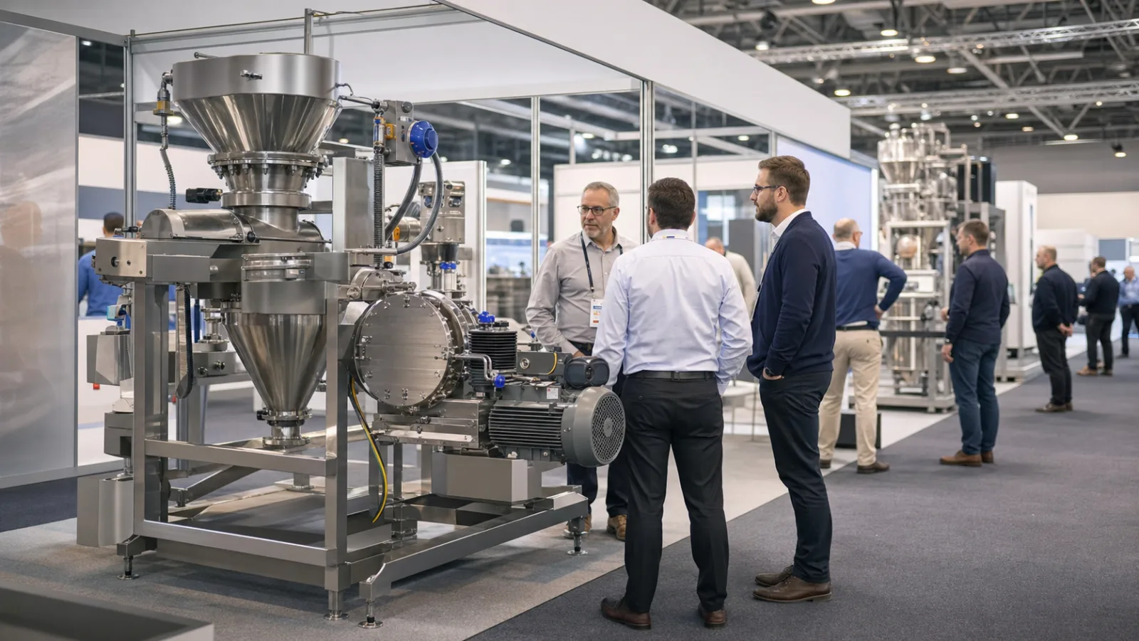 Engineers discussing powder processing equipment at an industrial trade show