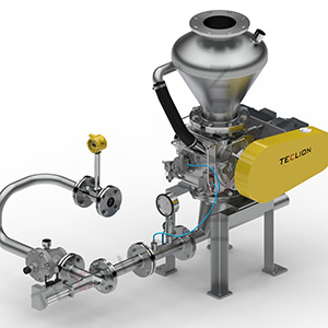 Rendered Teclion pneumatic conveying assembly with hopper, feeder and pipeline