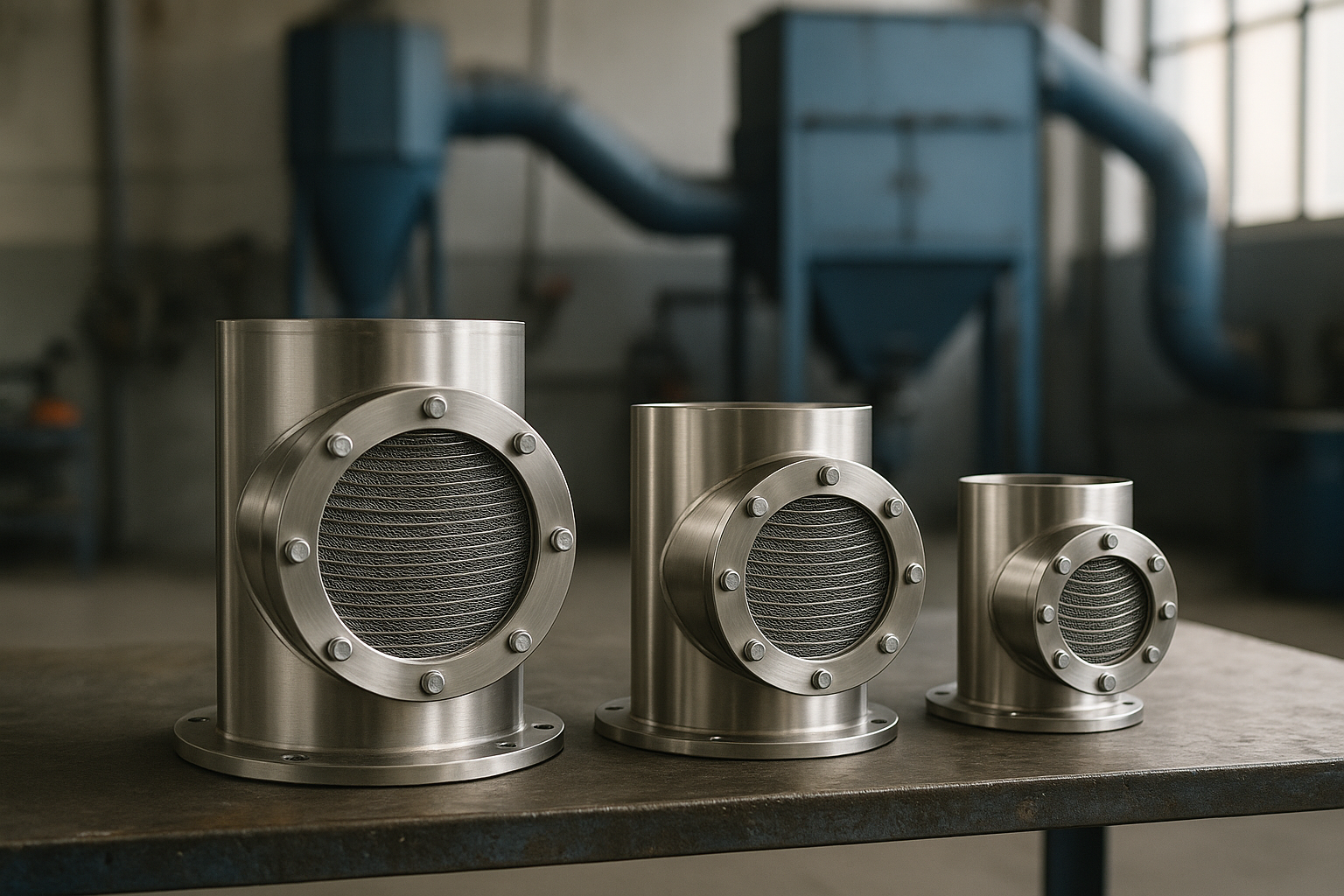 Three sizes of flanged flameless explosion venting devices with layered flame-arresting mesh, dust collector in the background