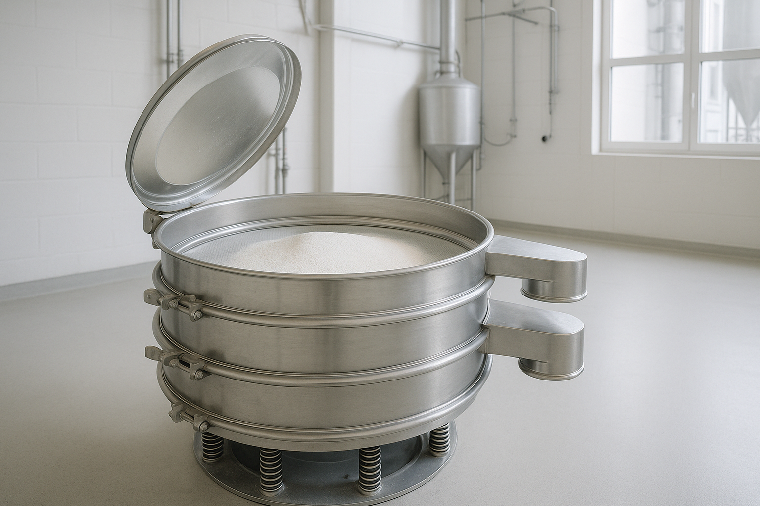 Round stainless steel vibratory sieve with clamped screen decks and powder on the mesh in a hygienic plant room