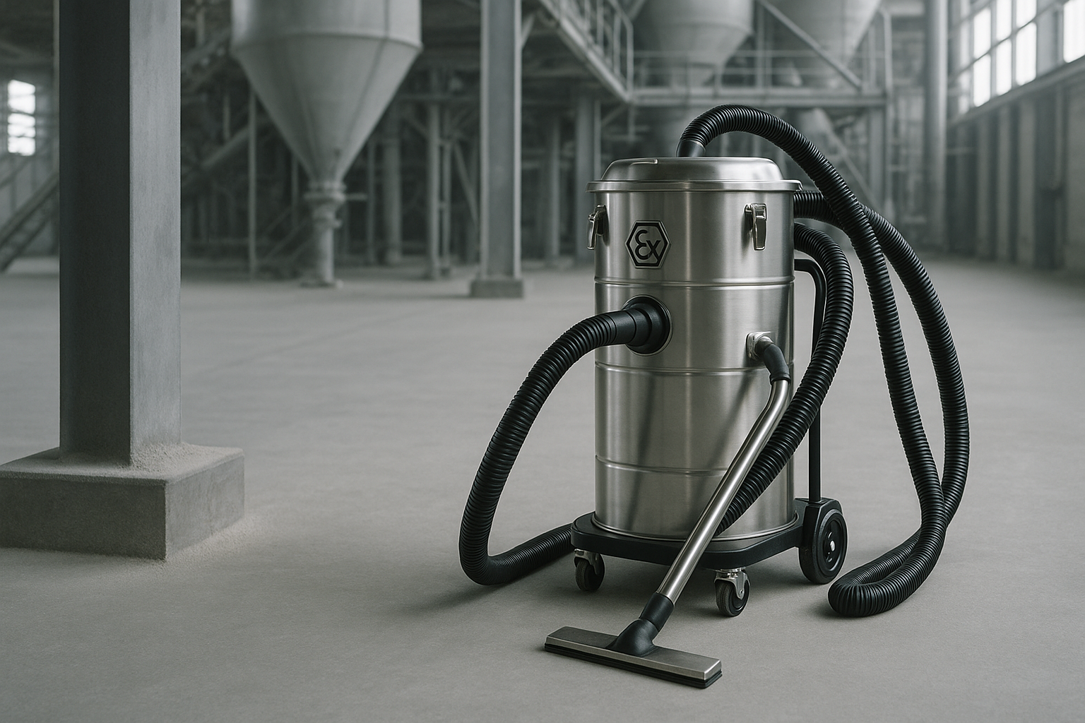 Explosion-proof stainless steel industrial vacuum with grounded antistatic hoses on a powder plant floor