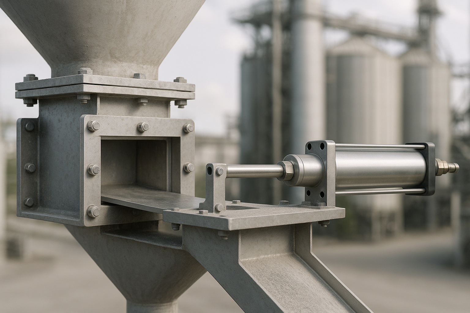 Stainless steel slide gate valve with in-line pneumatic actuator mounted under a powder hopper outlet