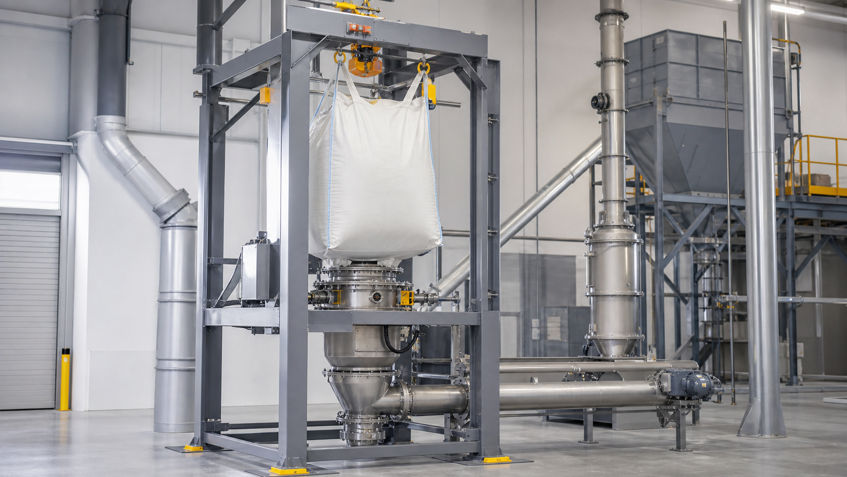 Generic editorial illustration of a bulk bag unloading system in a powder handling area