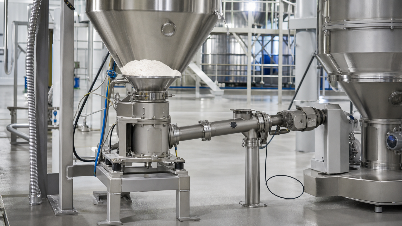 Generic editorial illustration of powder feeding and dosing equipment in an industrial process area
