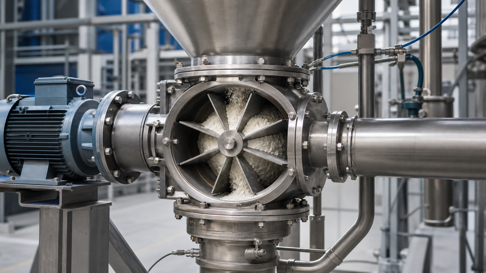 Generic rotary airlock valve feeding powder from a hopper into a conveying line.