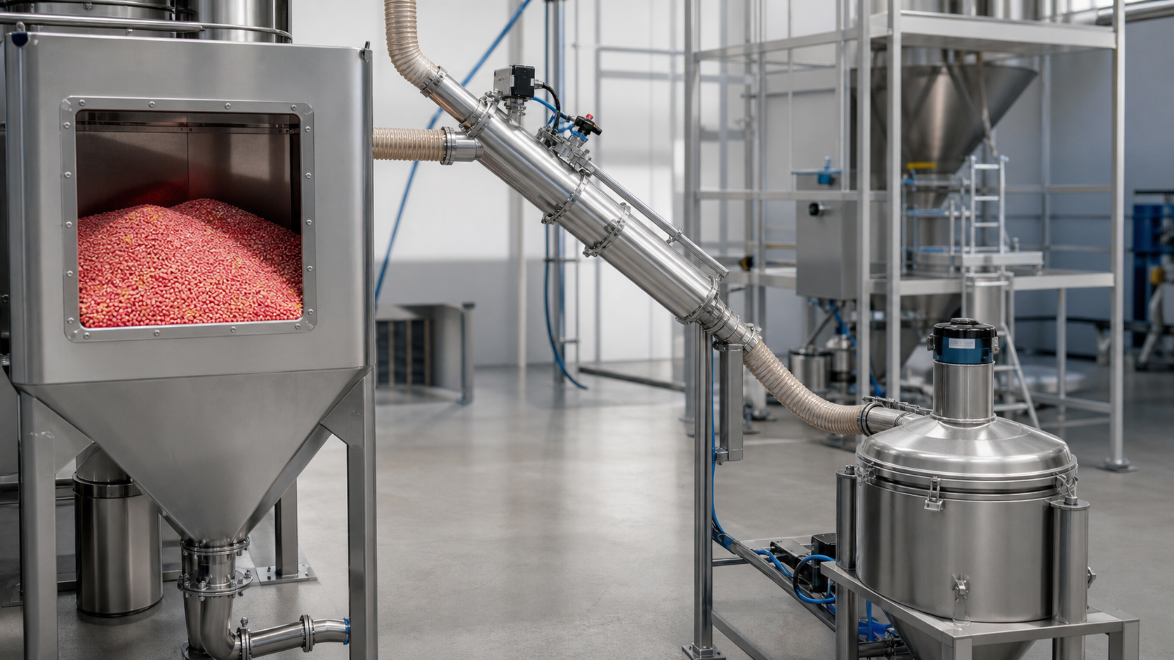 Generic editorial illustration of hygienic powder conveying equipment handling corn seed treatment material