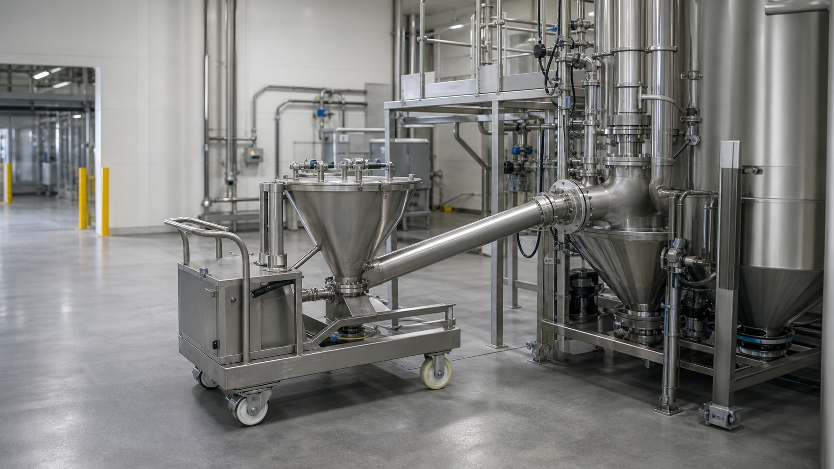 Generic editorial illustration of mobile powder feeding equipment in an industrial process area