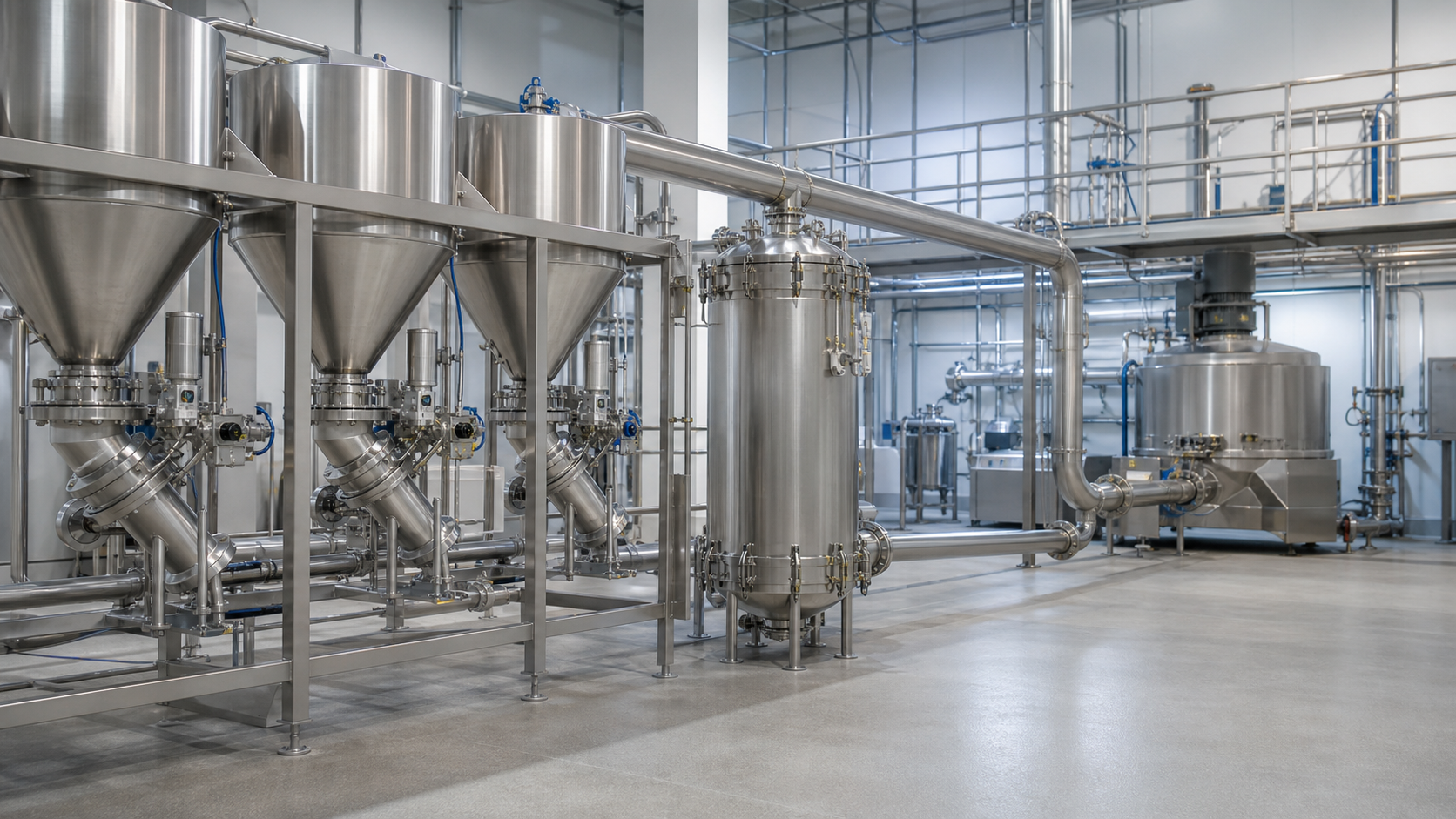 Generic editorial illustration of enclosed dense-phase powder conveying equipment in a food premix process area
