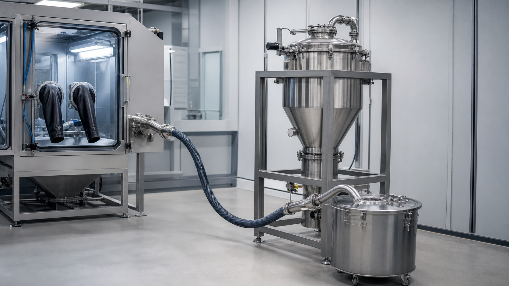 Generic editorial illustration of automated metal powder collection equipment in an additive manufacturing process area