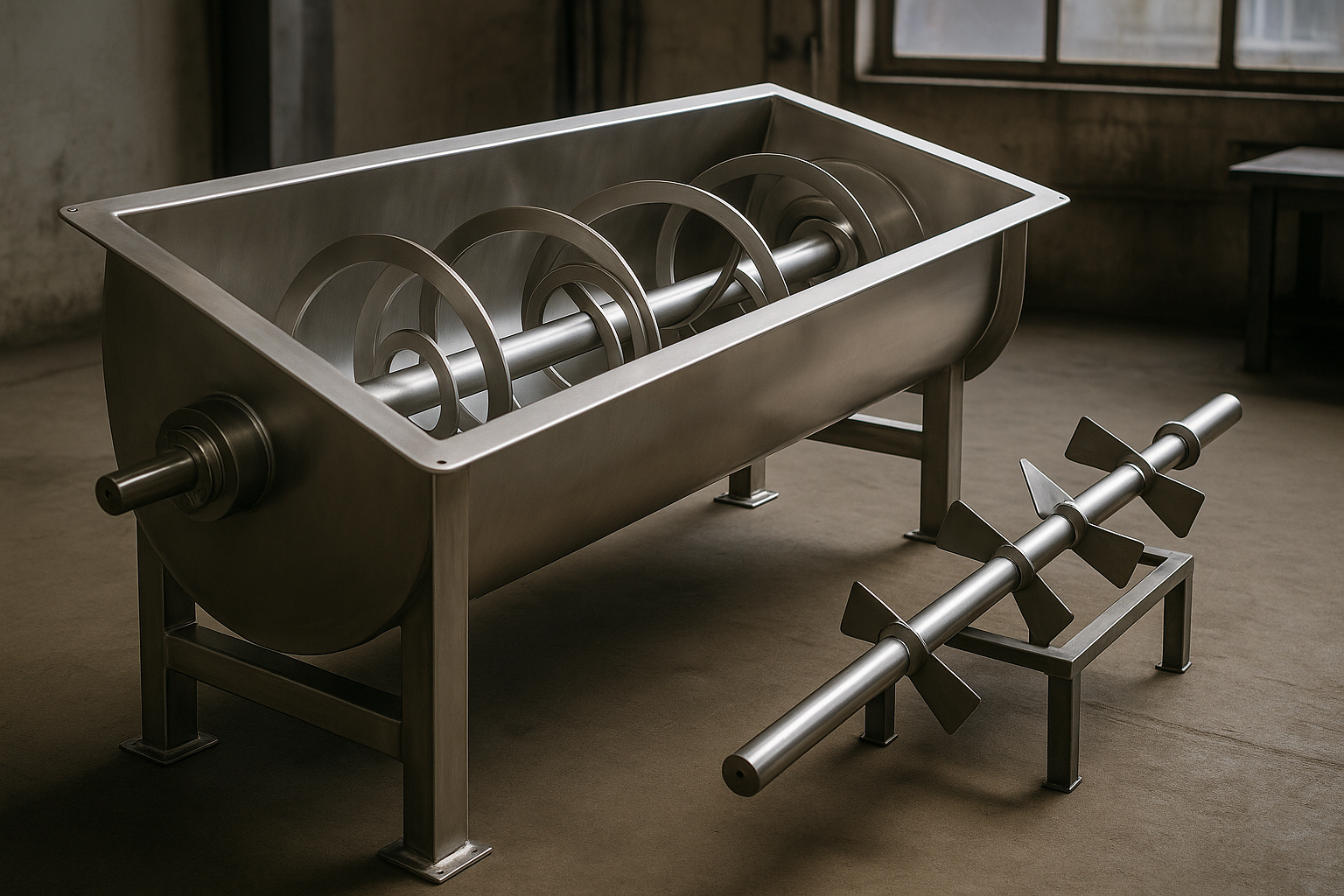 Open U-trough powder mixer with a continuous double helical ribbon agitator, a paddle agitator shaft on a stand beside it