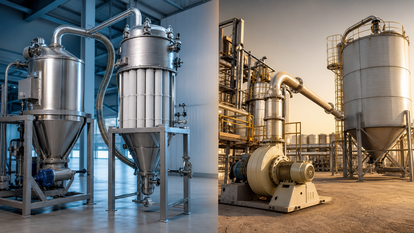 Editorial split illustration comparing vacuum conveying equipment with a positive-pressure pneumatic conveying system