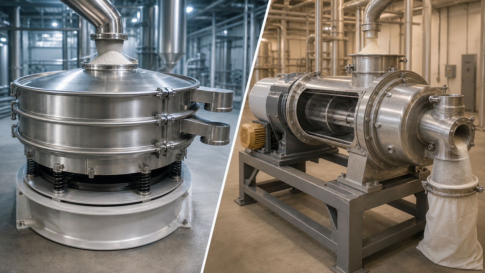 Editorial split illustration comparing a vibratory sieve with a centrifugal sifter handling powder