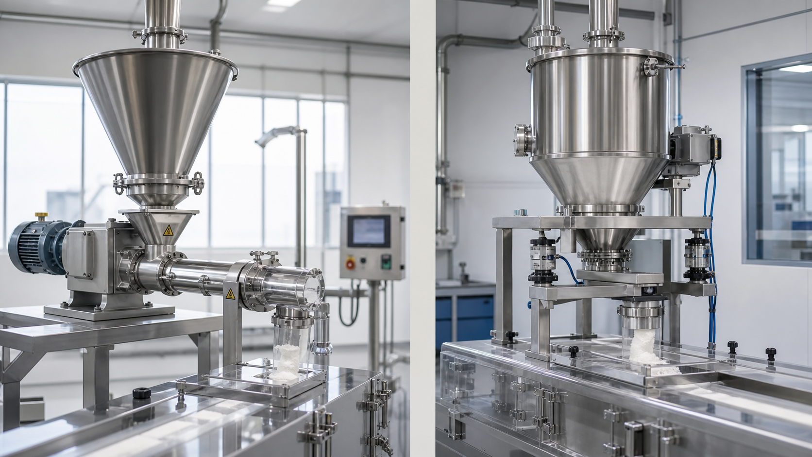 Editorial comparison illustration of volumetric and gravimetric feeding equipment with material hoppers and dosing controls