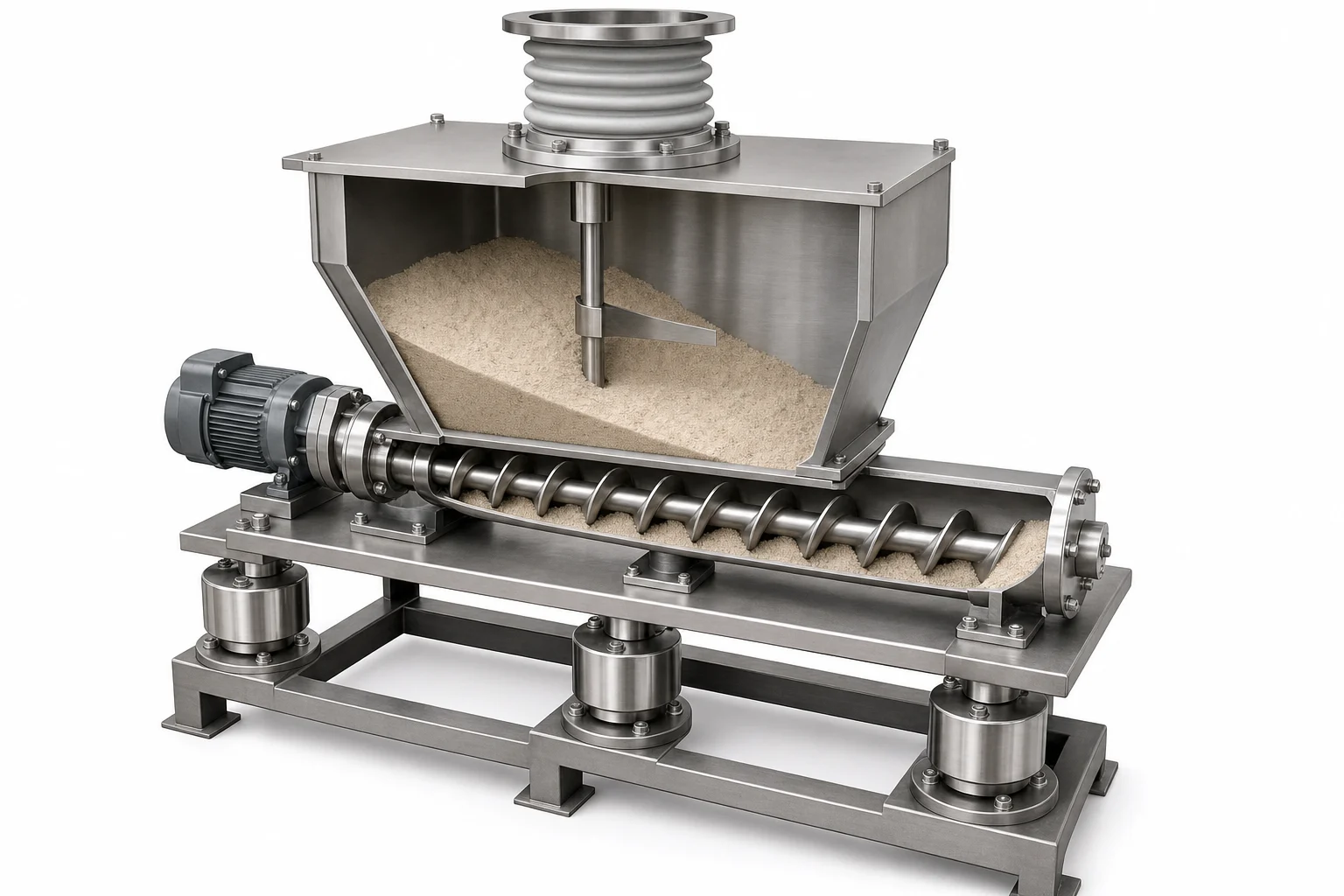Cutaway of a loss-in-weight feeder: closed hopper with an agitator, a screw feeder below, and the whole assembly resting on three load cells with a slack bellows at the inlet.
