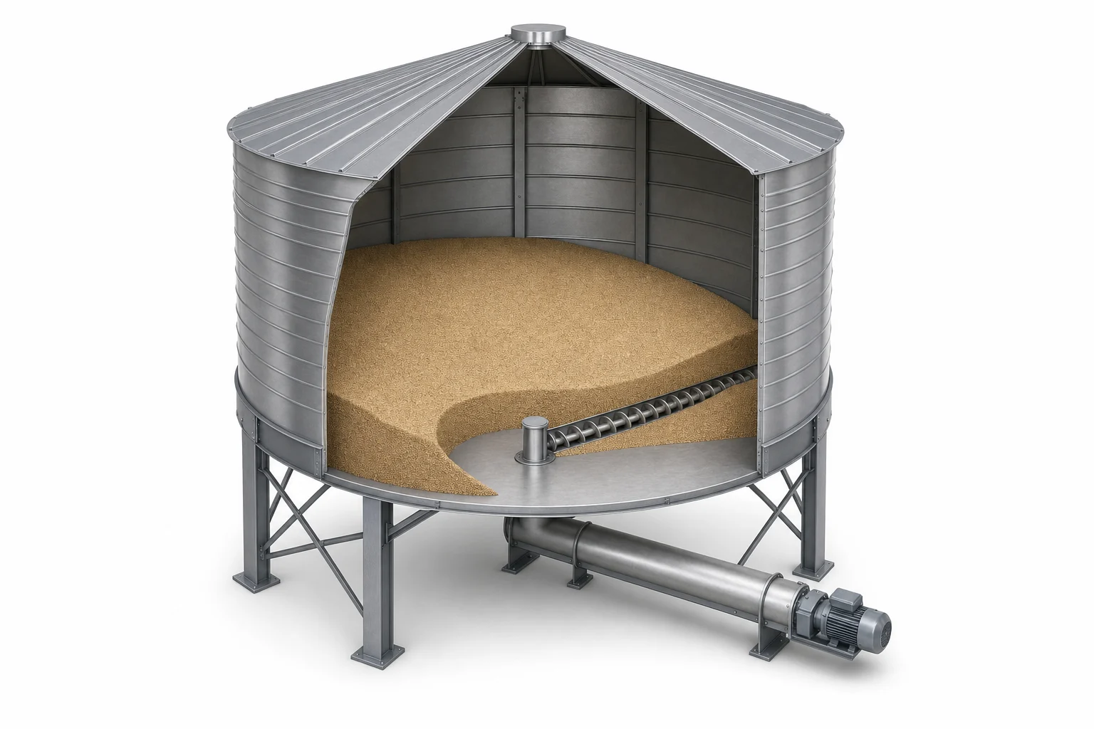 Cutaway view of a flat-bottom silo with a sweep auger lying on the floor, the channel it has cut through the material bed, the centre outlet and the discharge screw conveyor below the floor.