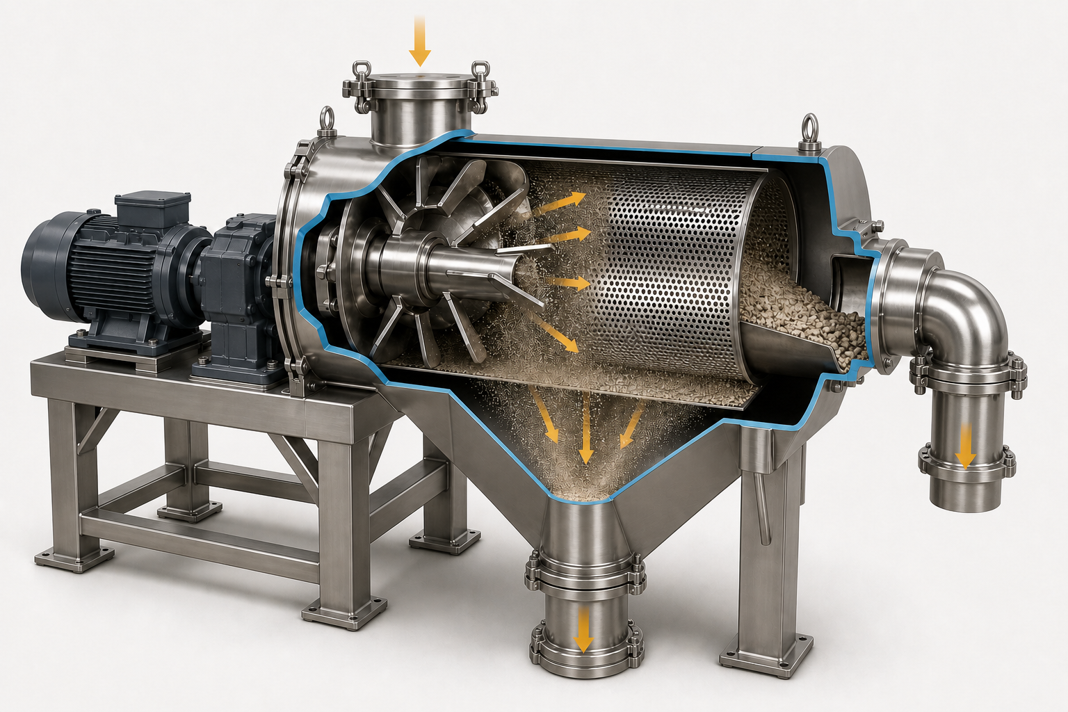 Centrifugal sifter cutaway with feed inlet, driven rotor, cylindrical screen, separate fines hopper and enclosed oversize outlet.