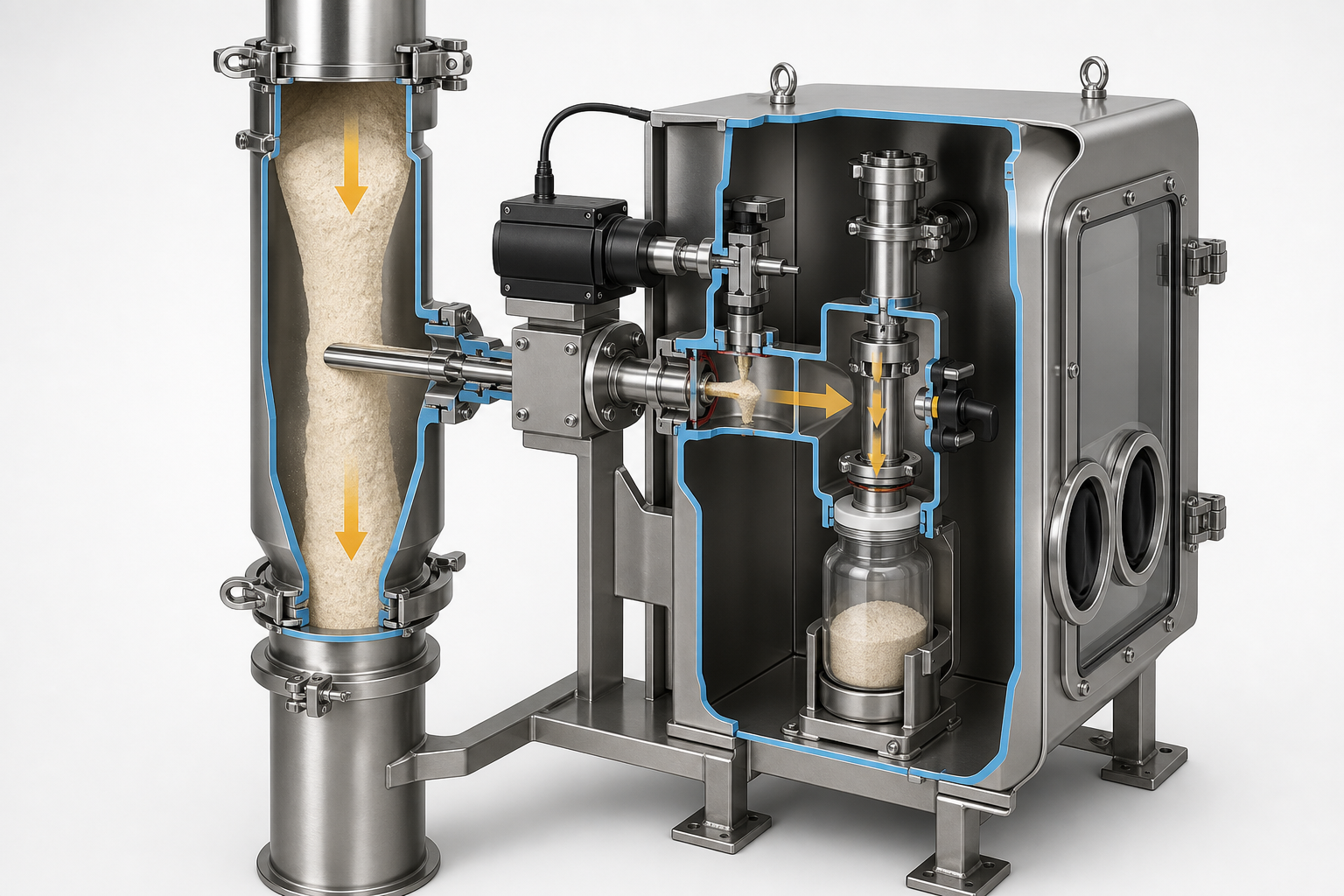 Contained powder sampler cutaway with closed process chute, retractable probe, isolated transfer chamber and sealed sample bottle.