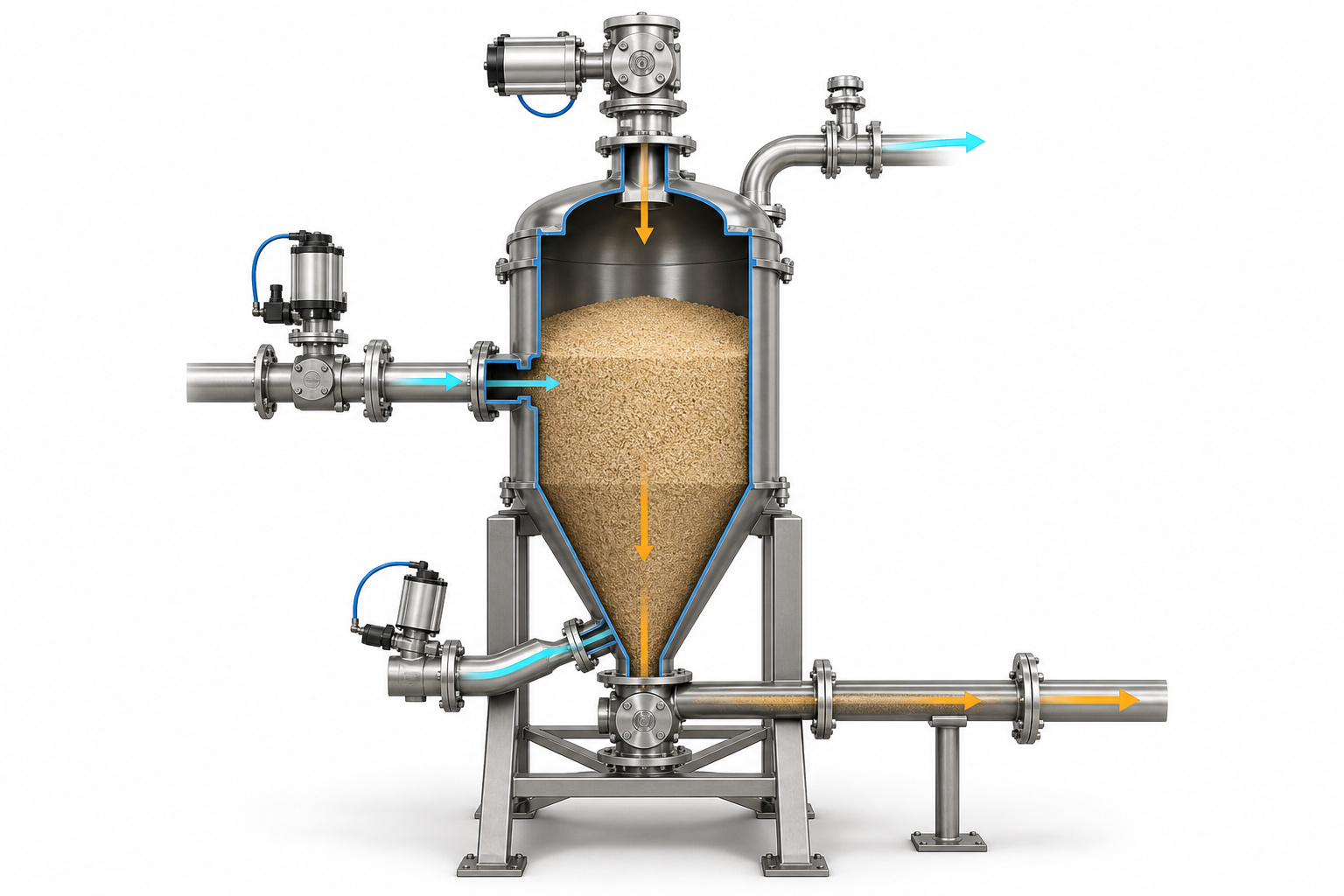Dense-phase conveying pressure vessel cutaway with solids volume, gas connections, vent, isolation valves and enclosed discharge line.