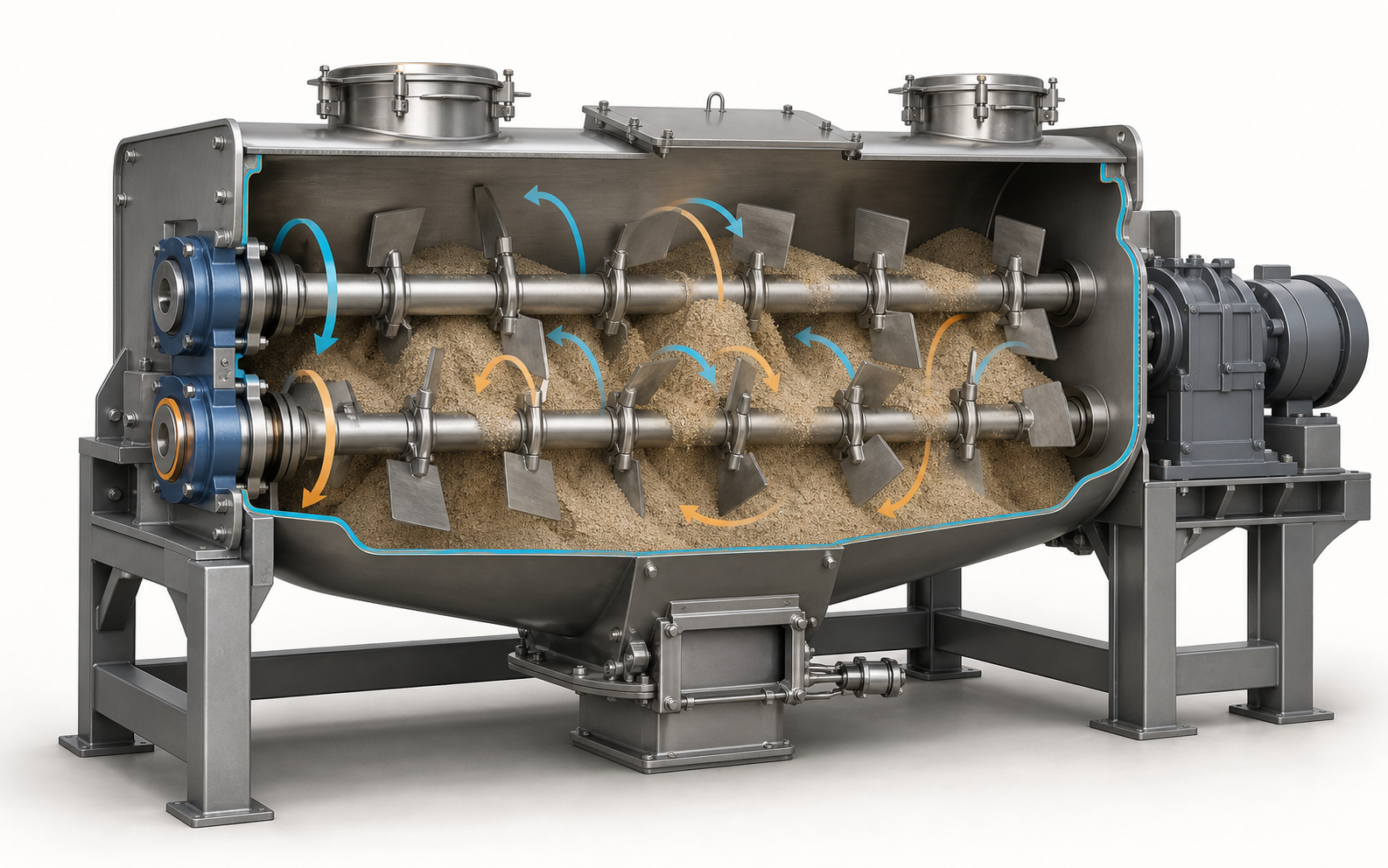 Double-shaft paddle mixer cutaway with two parallel shafts, staggered paddles, overlapping mixing zones and bottom discharge.