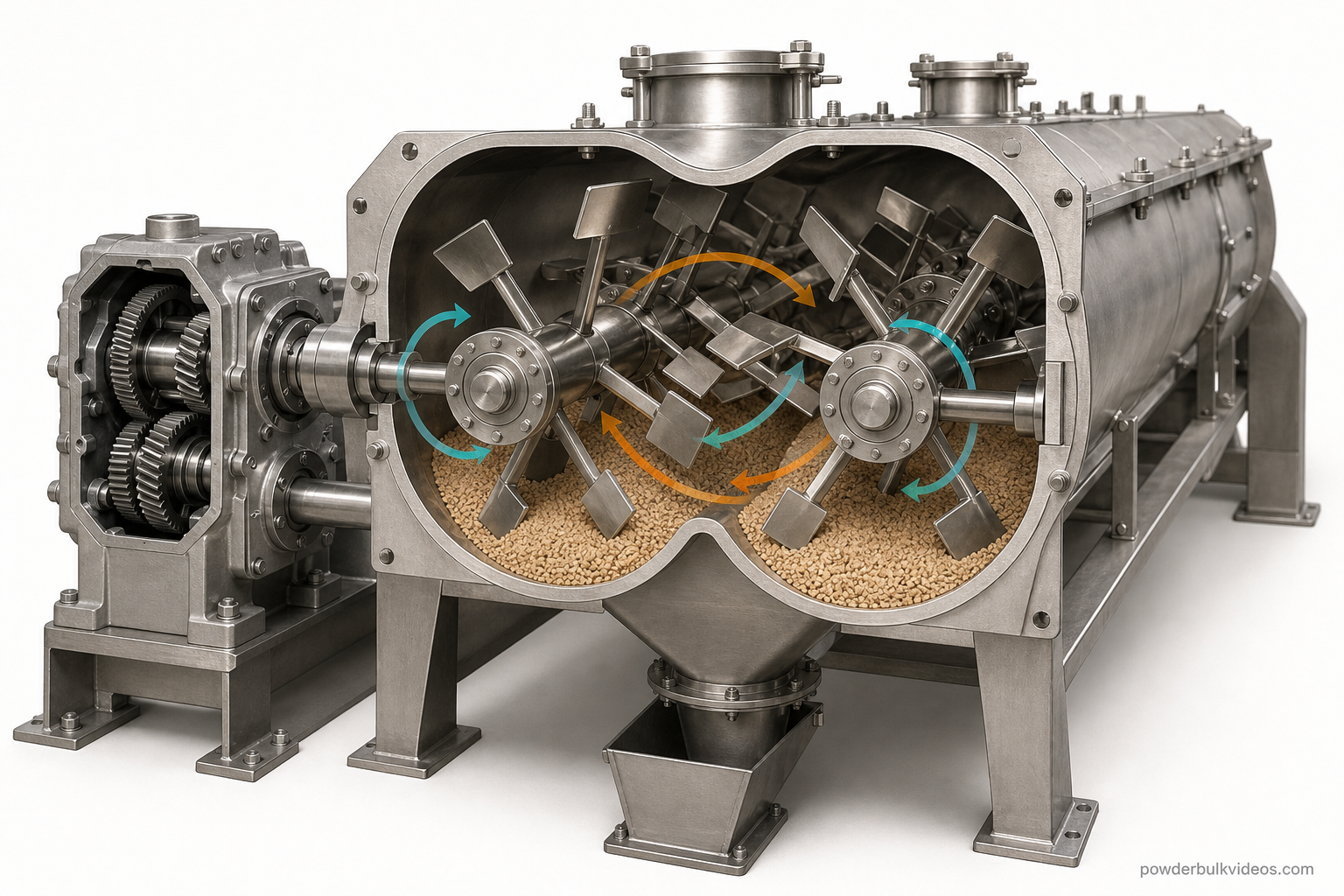 End cutaway of a horizontal double-shaft paddle mixer with two side-by-side shafts, phase-offset paddles, twin troughs, overlapping working zones and a closed bottom discharge.