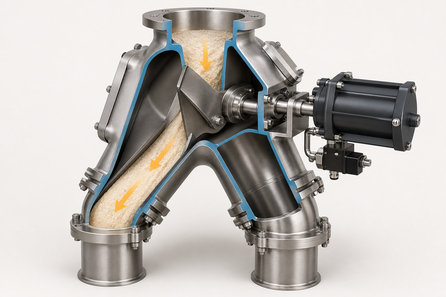 Two-way dry-bulk diverter cutaway with top inlet, pivoting internal blade, actuator and two closed outlet branches.