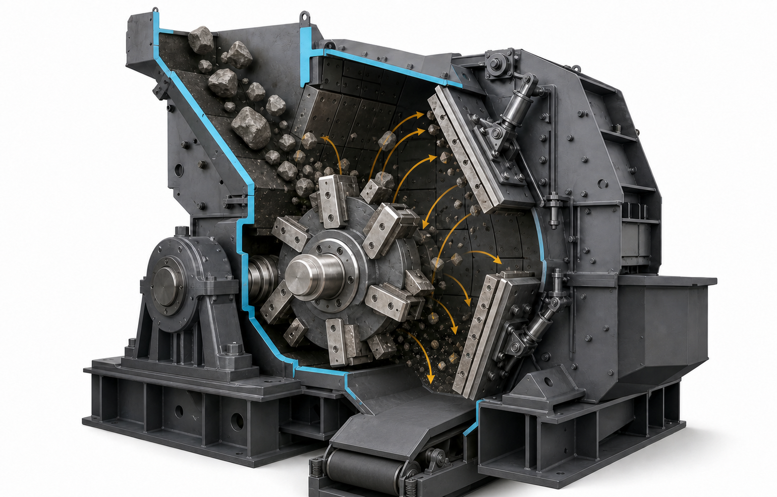 Horizontal impact crusher cutaway with feed opening, rotor, blow bars, breaker plates, liners and enclosed discharge conveyor.