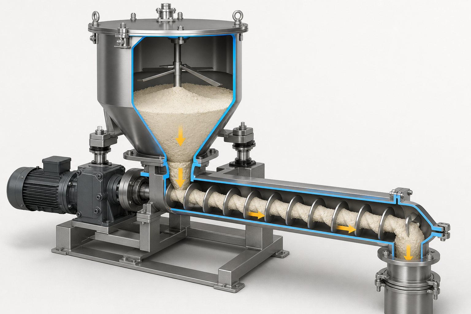 Loss-in-weight screw feeder cutaway with sealed hopper, agitator, load-cell supports, horizontal screw, drive and closed outlet.