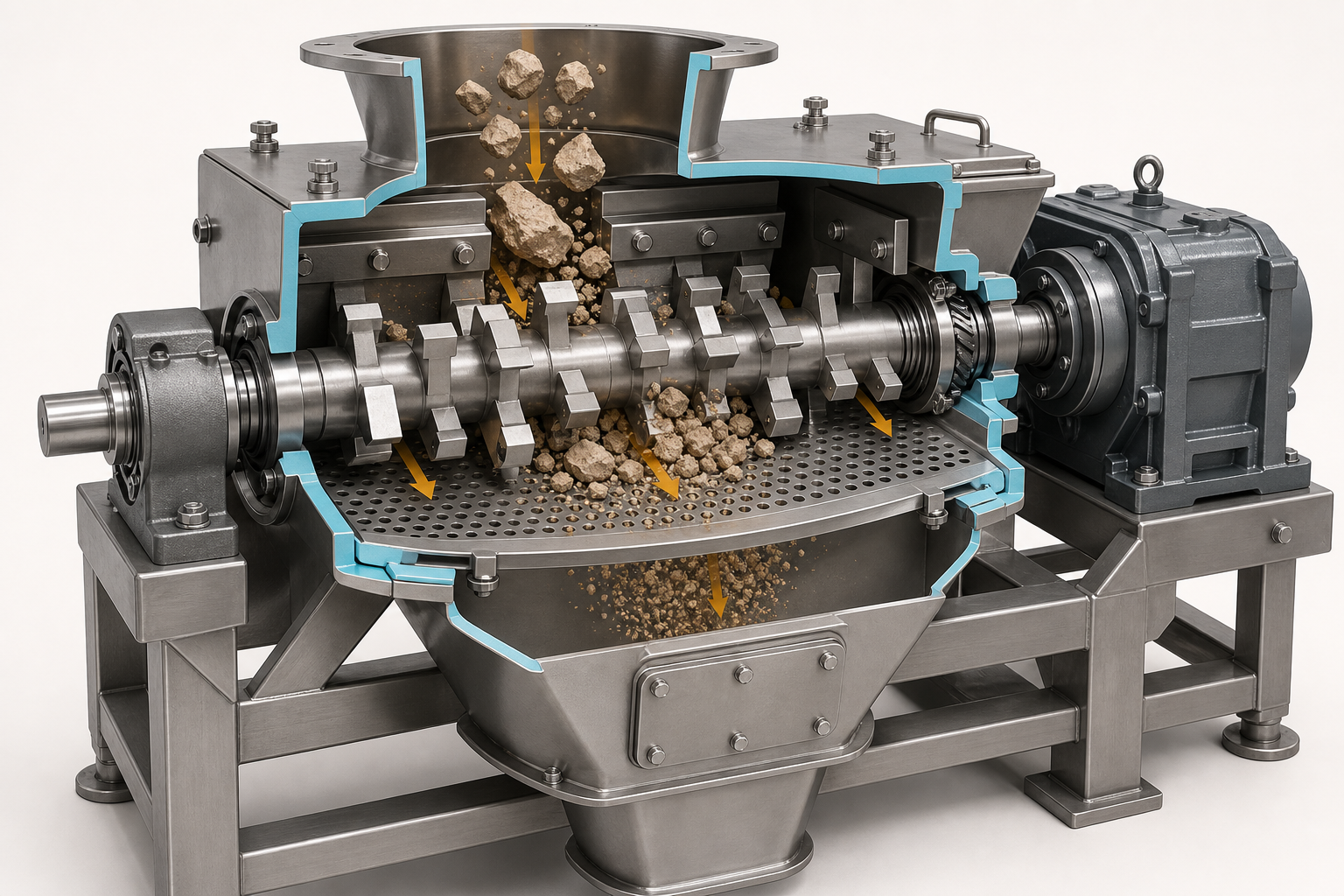 Low-speed nibbler cutaway with inlet, rotor paddles, fixed counter-elements, perforated screen and closed outlet.