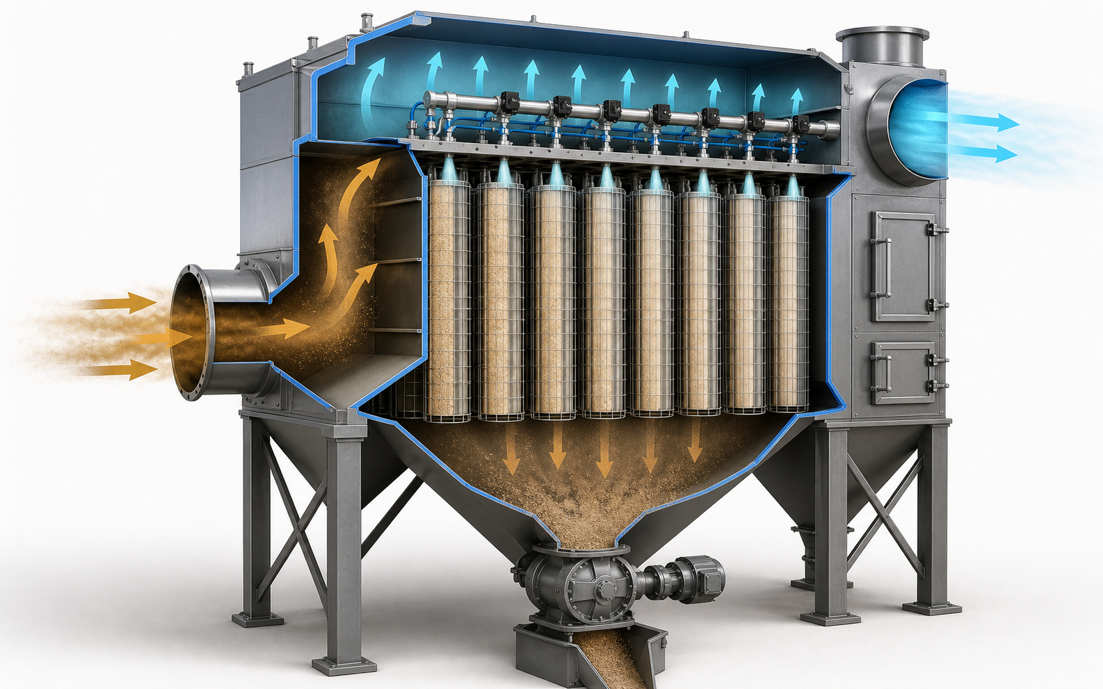 Pulse-jet baghouse cutaway with dirty-air inlet, filter elements, clean-air plenum, dust hopper and rotary discharge.