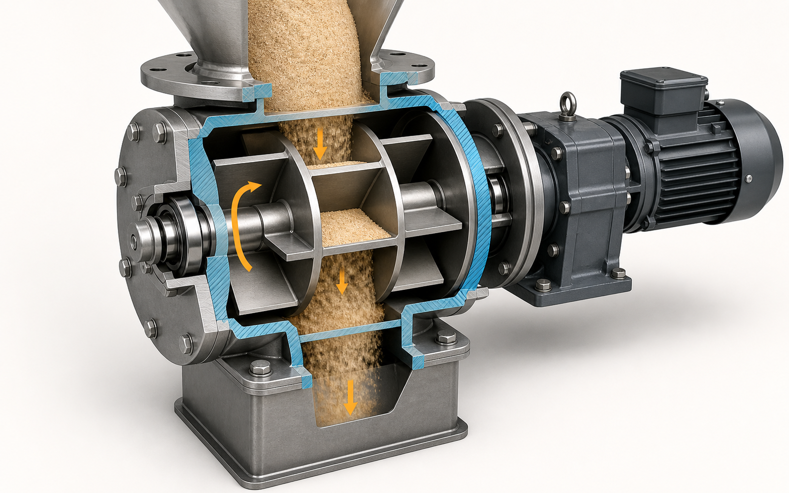 Rotary airlock section showing the product path, rotor pockets, housing interface and shaft-support boundaries used during diagnosis.