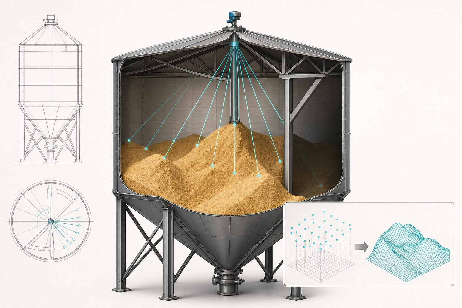Silo cross-section with scanning radar, multiple echo paths, irregular bulk-solid surface, internal obstruction and reconstructed surface model.