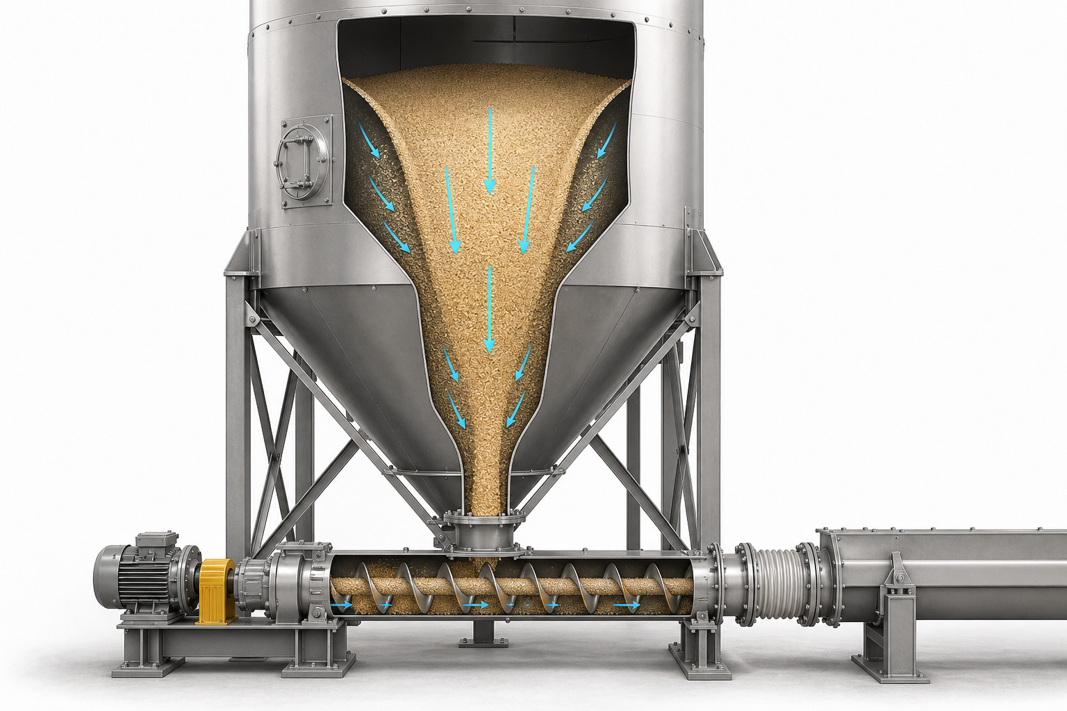 Silo reclaim cutaway with bulk-solid flow channel, stagnant shoulder zones, hopper outlet and enclosed horizontal screw feeder.