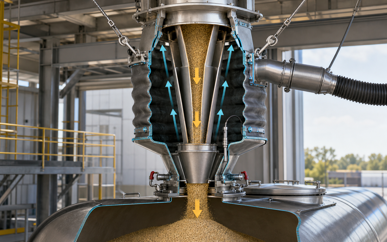 Loading spout section with telescoping inner product path, outer dust sleeve, downward solids flow and upward displaced-air path into extraction.