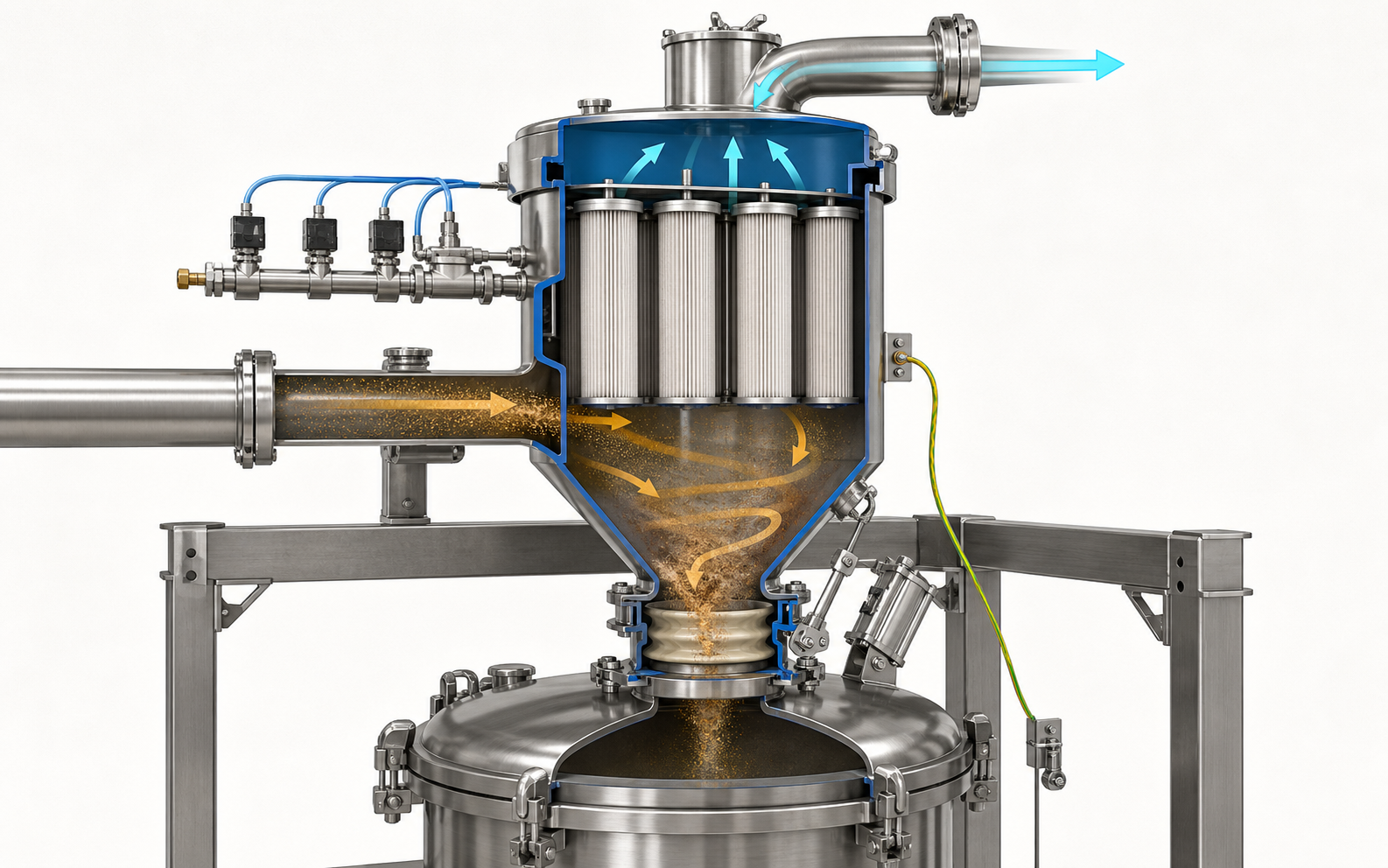 Vacuum conveyor receiver cutaway with product inlet, separation chamber, filters, clean-air outlet and sealed discharge valve.