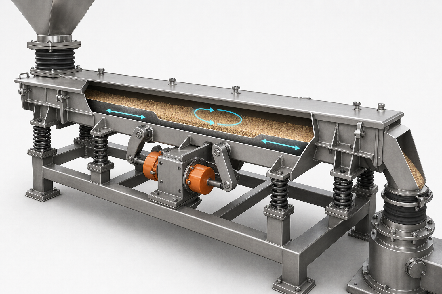Vibrating trough conveyor cutaway with material bed, covered trough, drive, springs, fixed frame and sealed inlet and outlet.