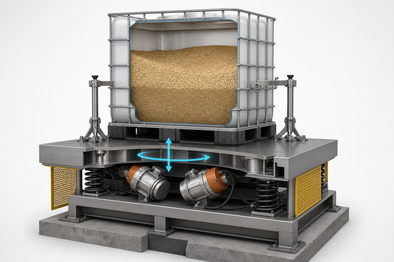 Industrial vibration table cutaway with filled container, moving deck, twin exciters, isolation springs, base frame and foundation.