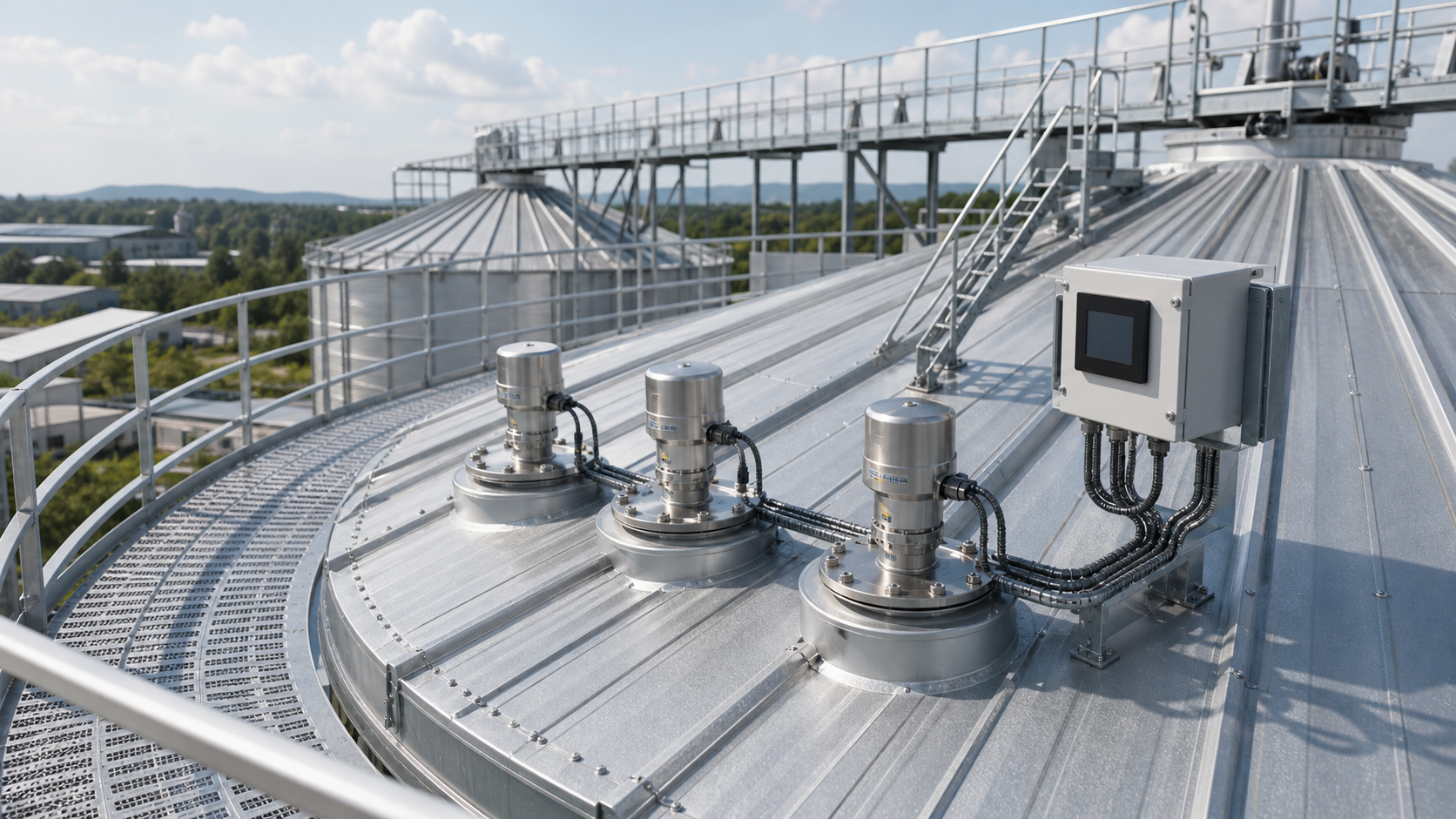 Photorealistic industrial process installation representing 3D Radar Level Measurement.