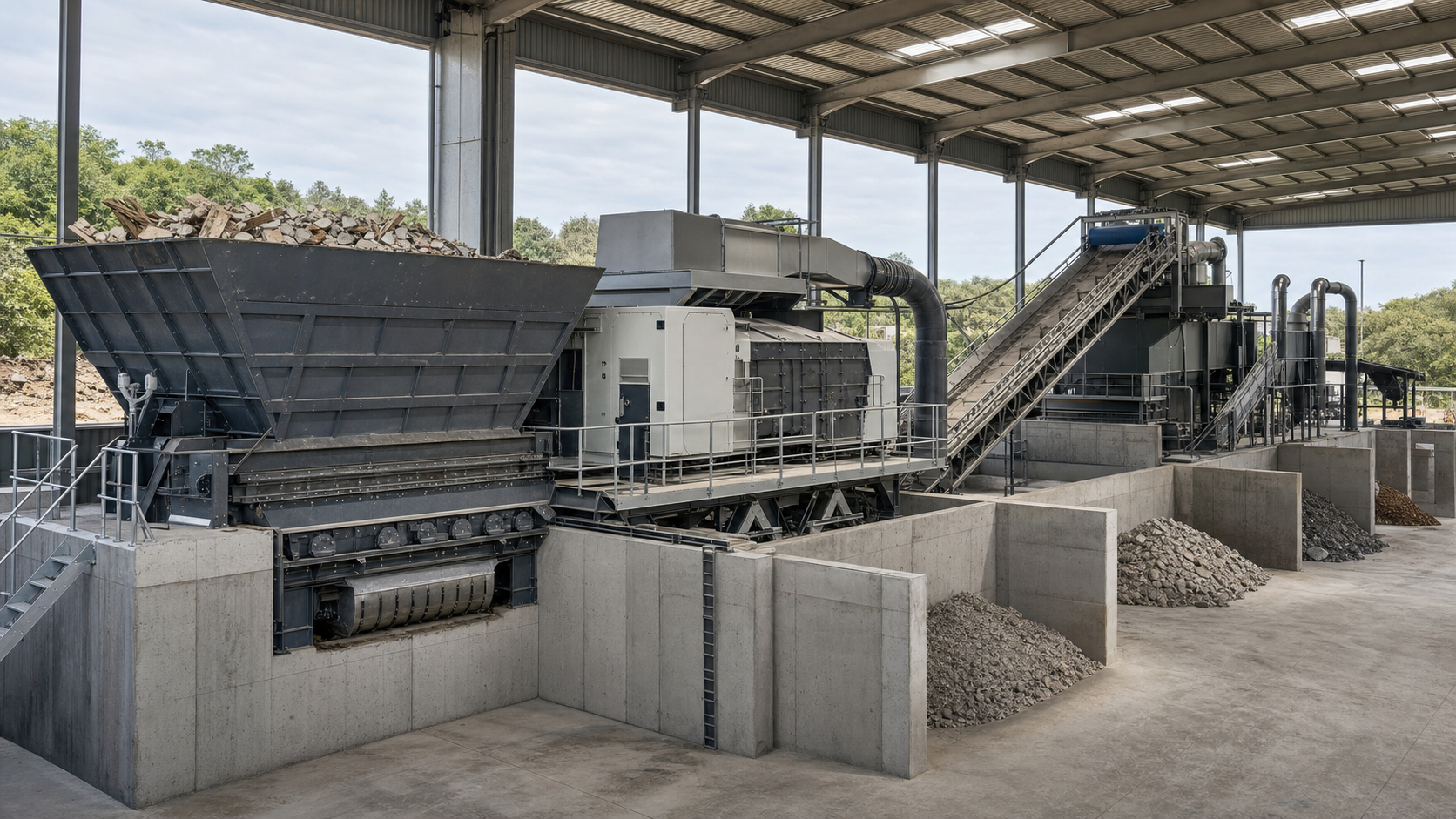 Photorealistic industrial process installation representing Construction and Demolition Waste Recycling.
