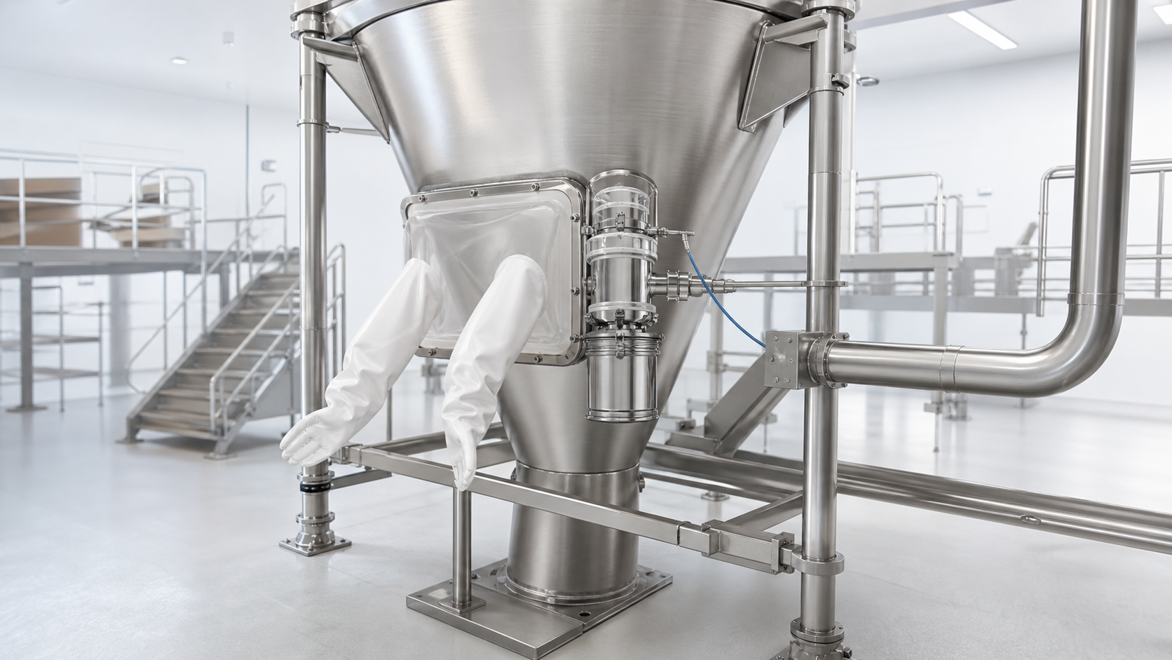 Photorealistic industrial process installation representing Contained Powder Sampling.
