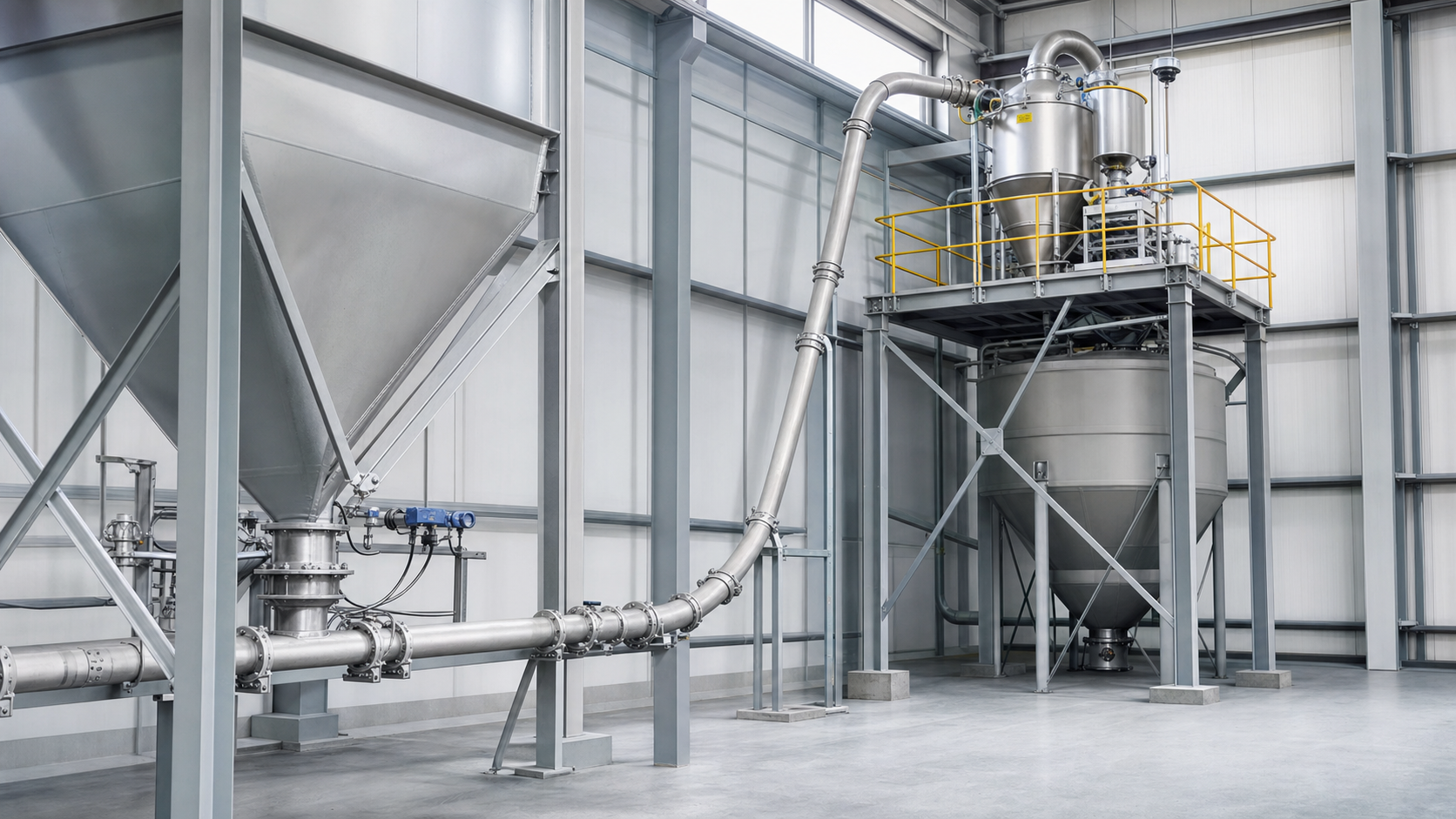 Photorealistic industrial process installation representing Dense-Phase Conveying.