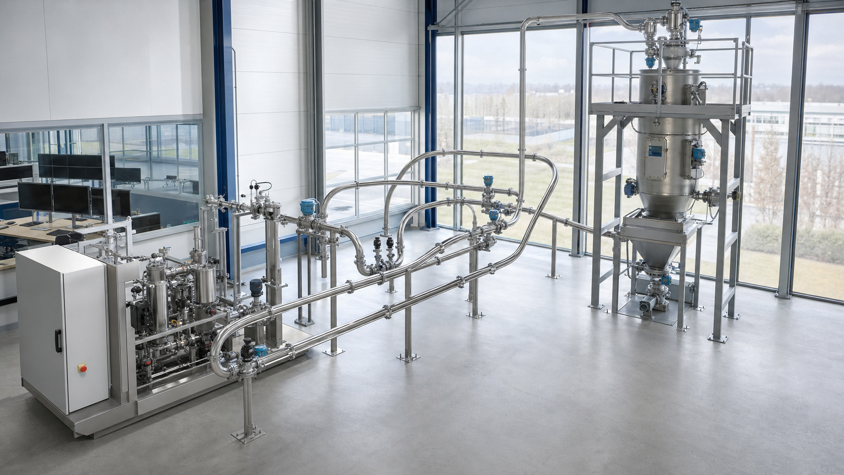 Photorealistic industrial process installation representing Dense-Phase Conveying Selection and Design.