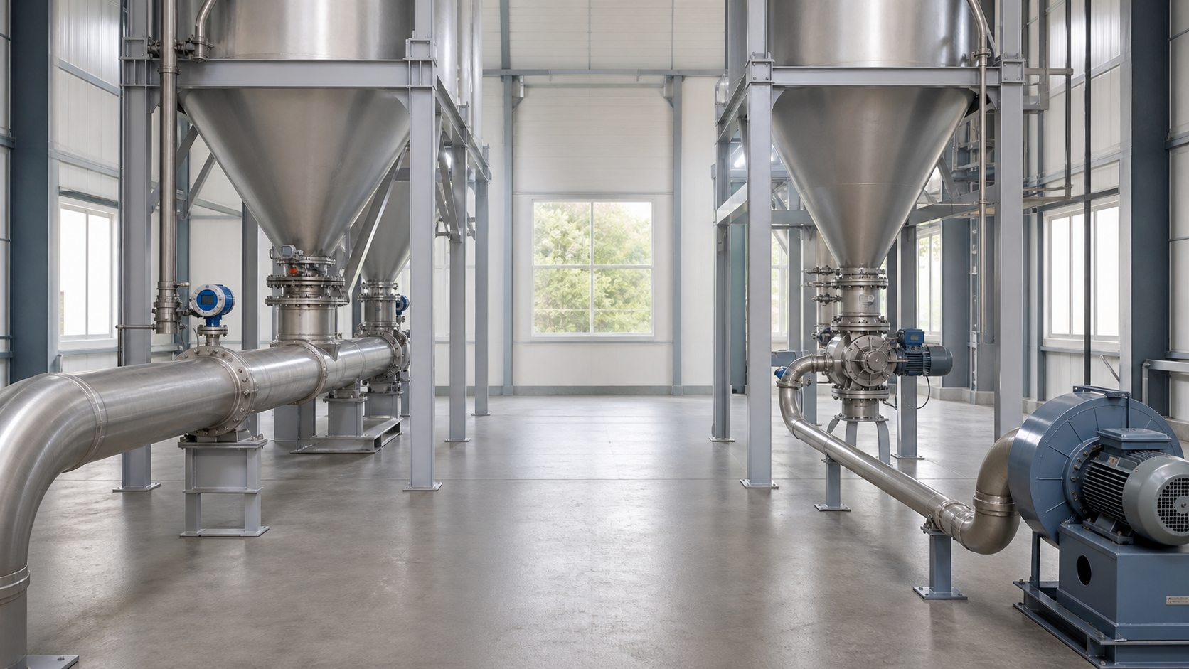 Photorealistic industrial process installation representing Dense Phase vs Dilute Phase Conveying.