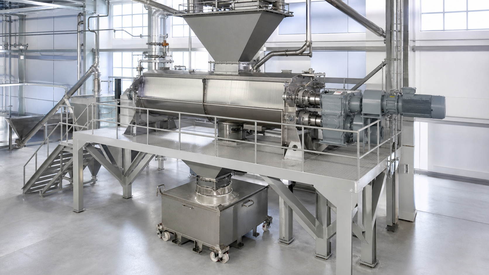 Photorealistic industrial process installation representing Double-Shaft Mixers.