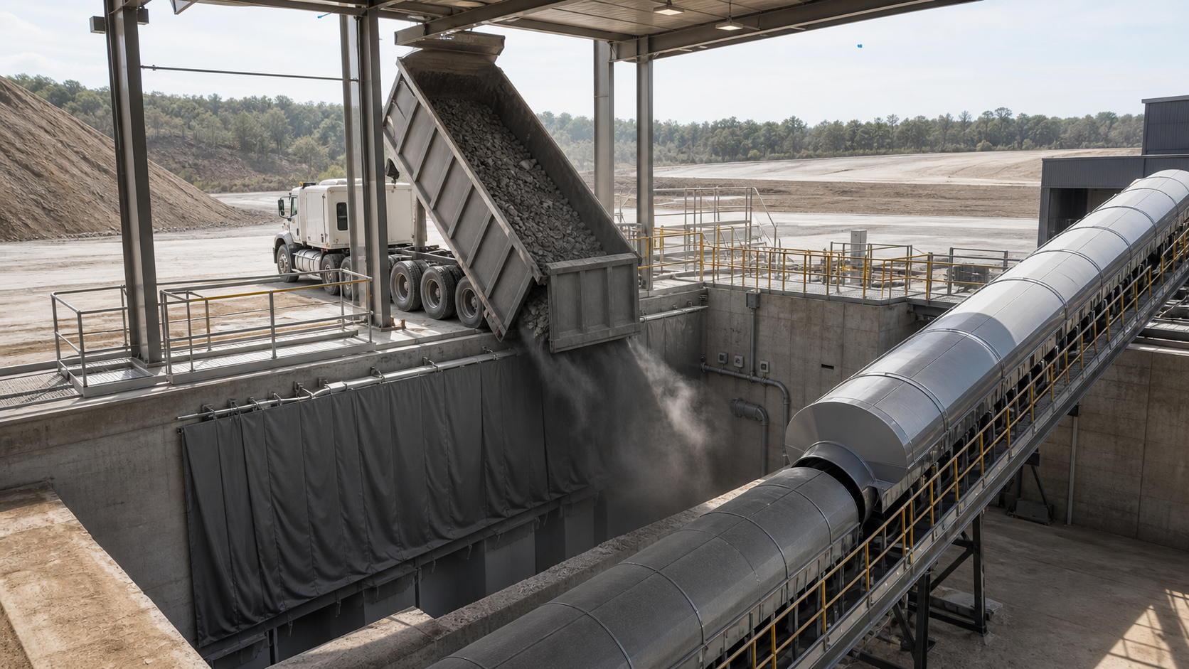 Photorealistic industrial process installation representing Dust Suppression Hoppers.