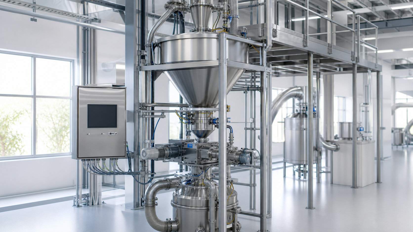 Photorealistic industrial process installation representing Feeding and Dosing Control.